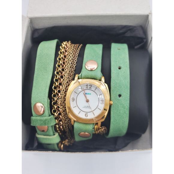 LA MER COLLECTIONS Green Leather Gold Chain Wrap Bracelet Watch EUC in Box - Picture 1 of 4